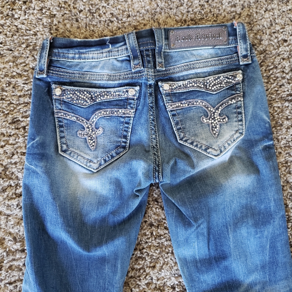 ROCK REVIVAL Blue Straight Leg Jeans with Silver Rhinestone Decor Size 24 (0)
